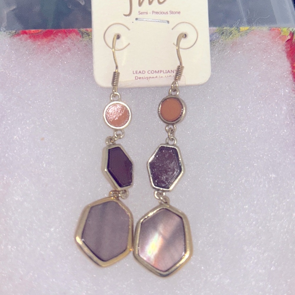 Boho hippie Orange and Brown drop silver tone earrings